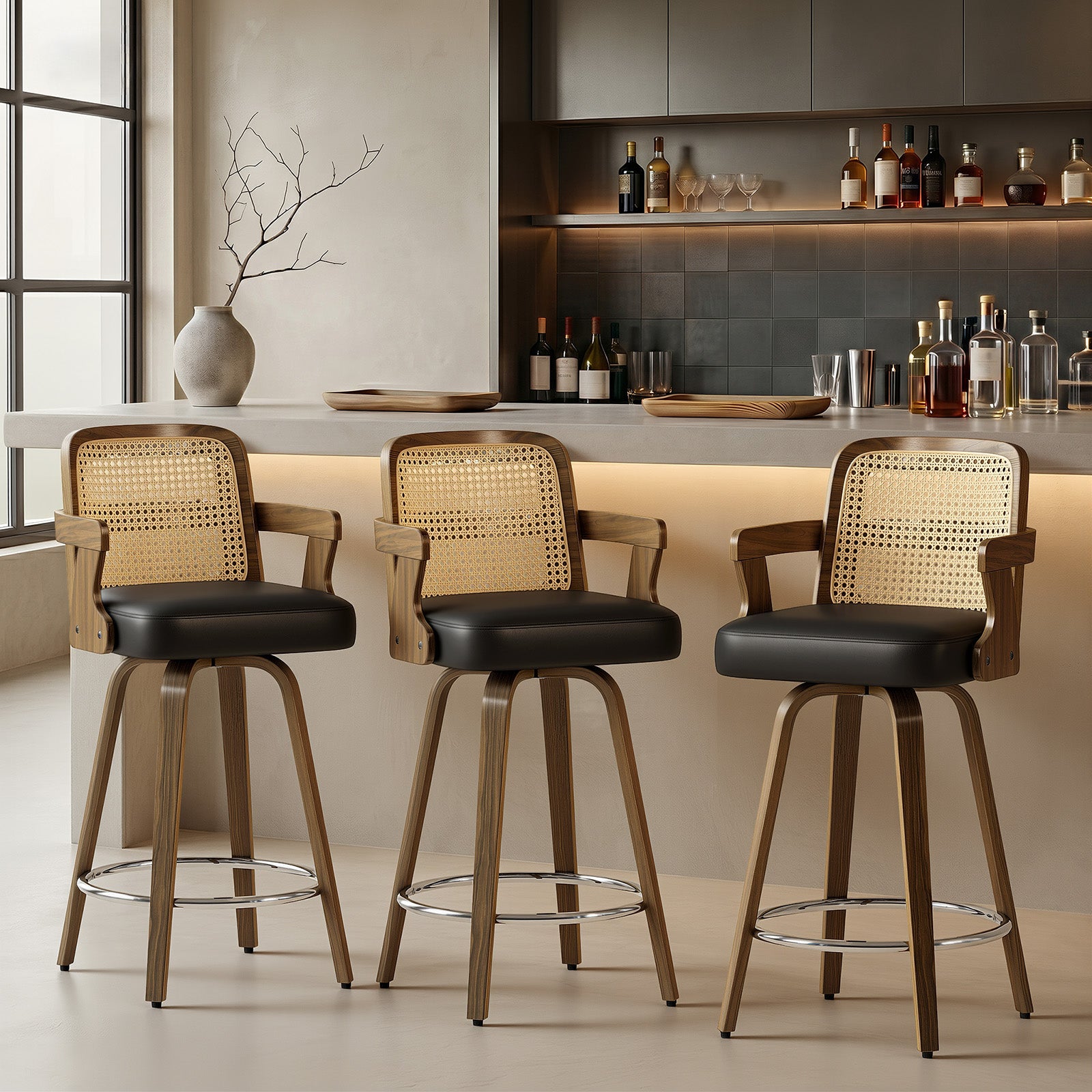 Apex Black Swivel Rattan Bar Stool