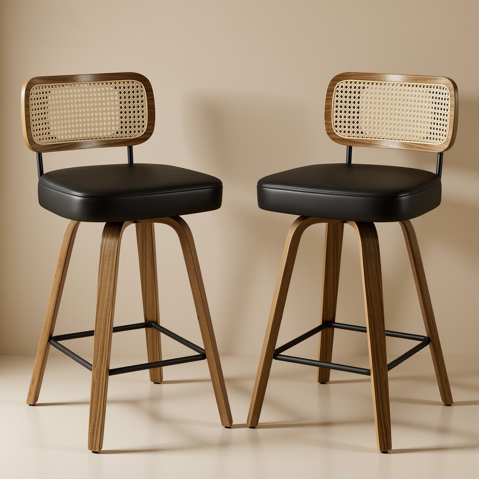 Arc Black Swivel Bar Stool With Rattan Back