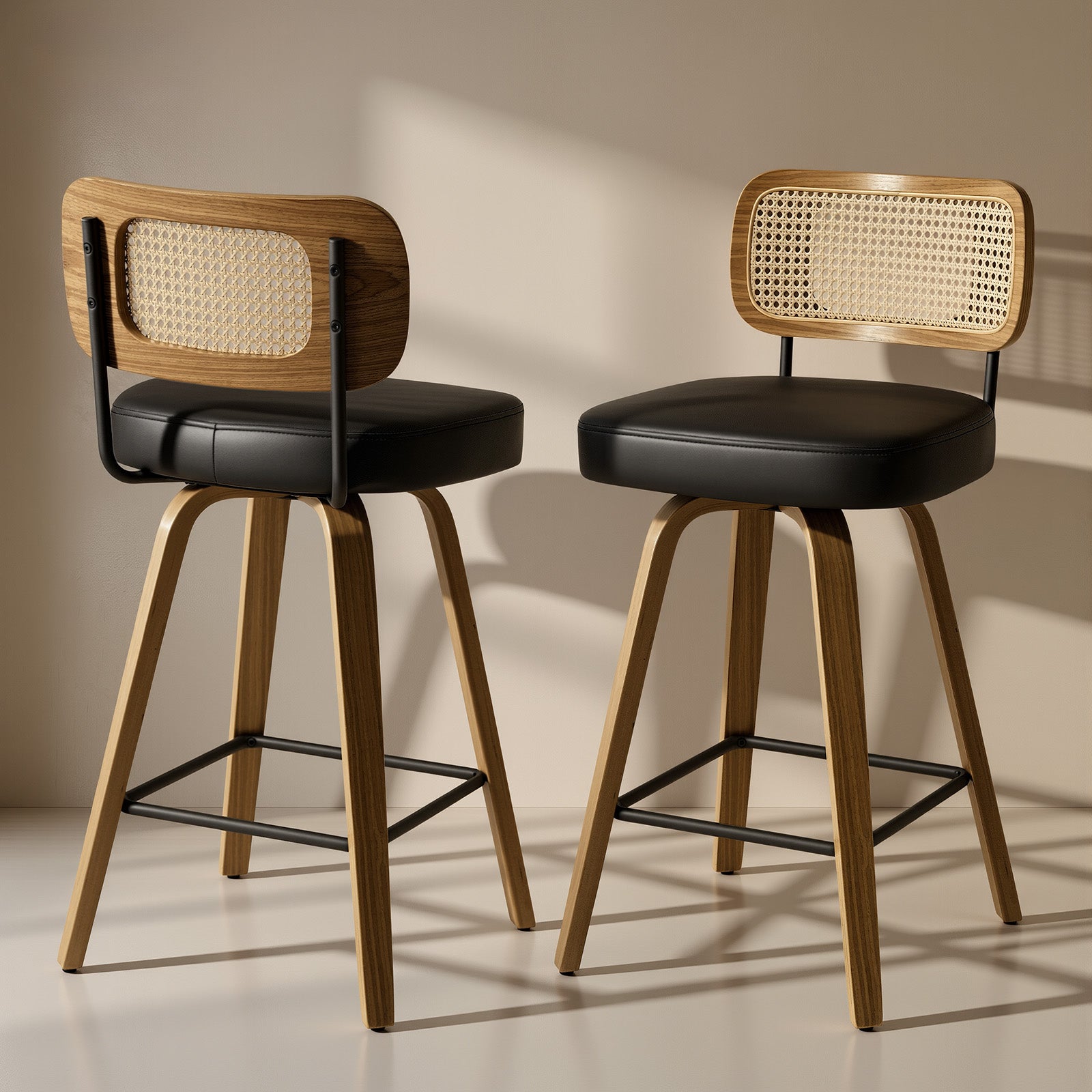 Arc Black Swivel Bar Stool With Rattan Back
