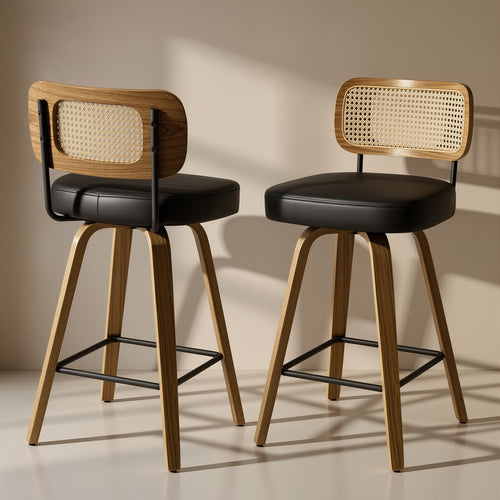 Arc Black Swivel Bar Stool With Rattan Back