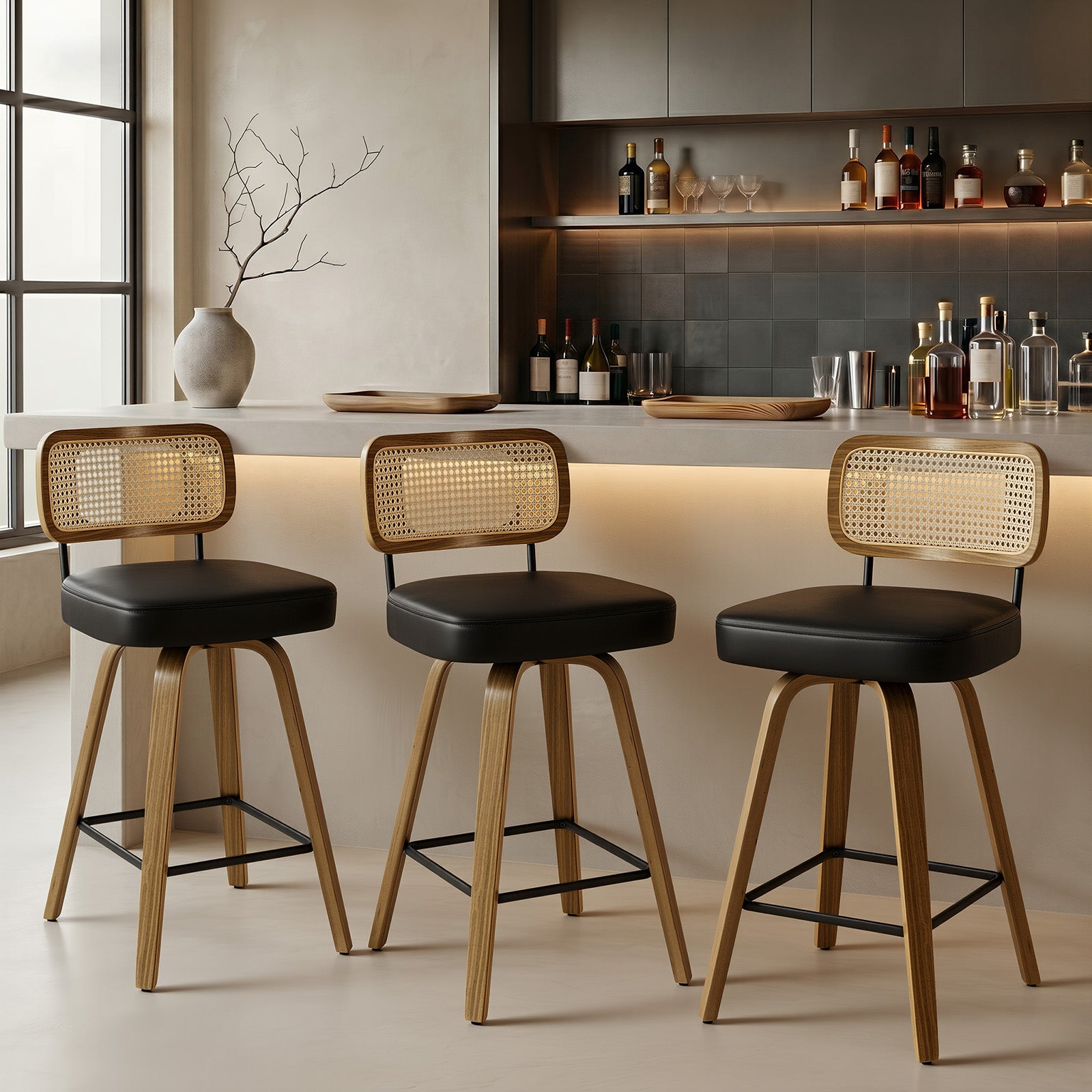 Arc Black Swivel Bar Stool With Rattan Back