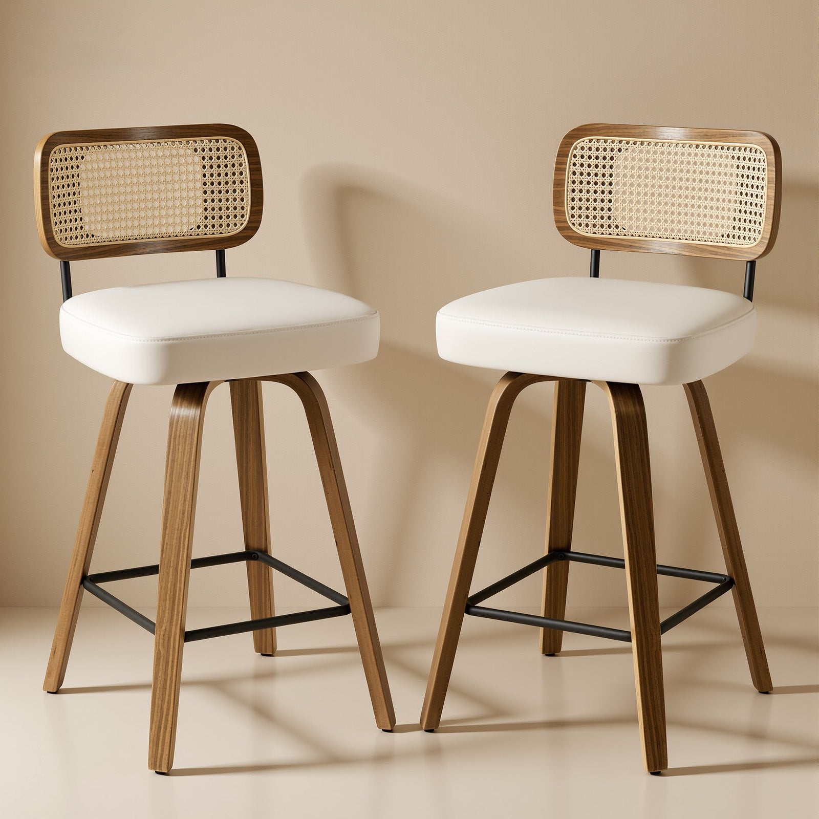 Arc Cream Swivel Bar Stool With Rattan Back