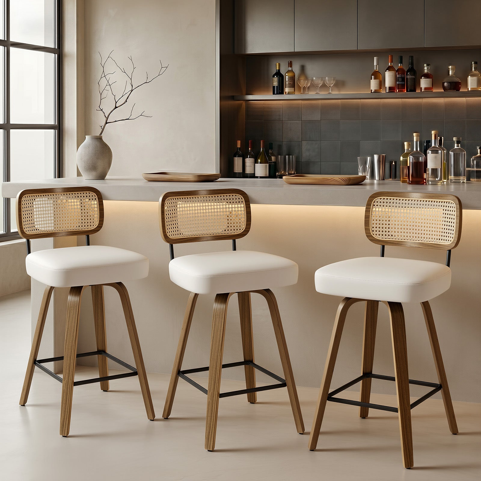 Arc Cream Swivel Bar Stool With Rattan Back