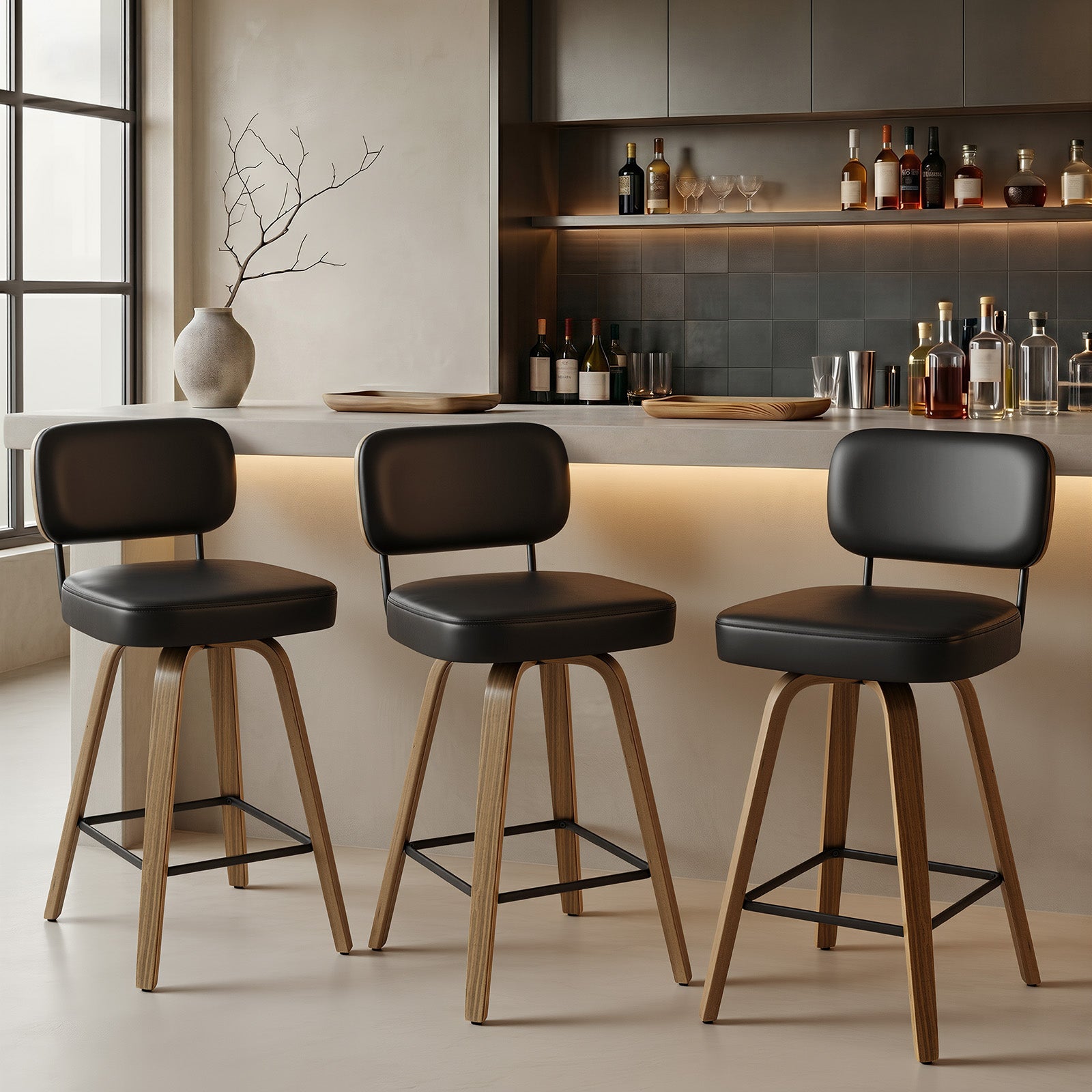 Arc Black Swivel Bar Stool With Leather Back